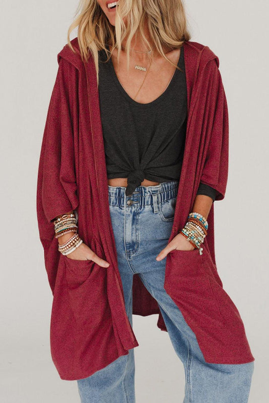 Red Bracelet Sleeve Pocketed Open Front Hooded Cardigan - L & M Kee, LLC