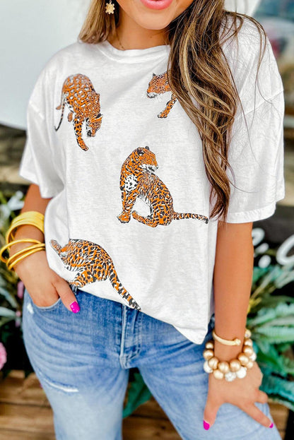 White Leopard Print Drop Shoulder Casual T Shirt - L & M Kee, LLC