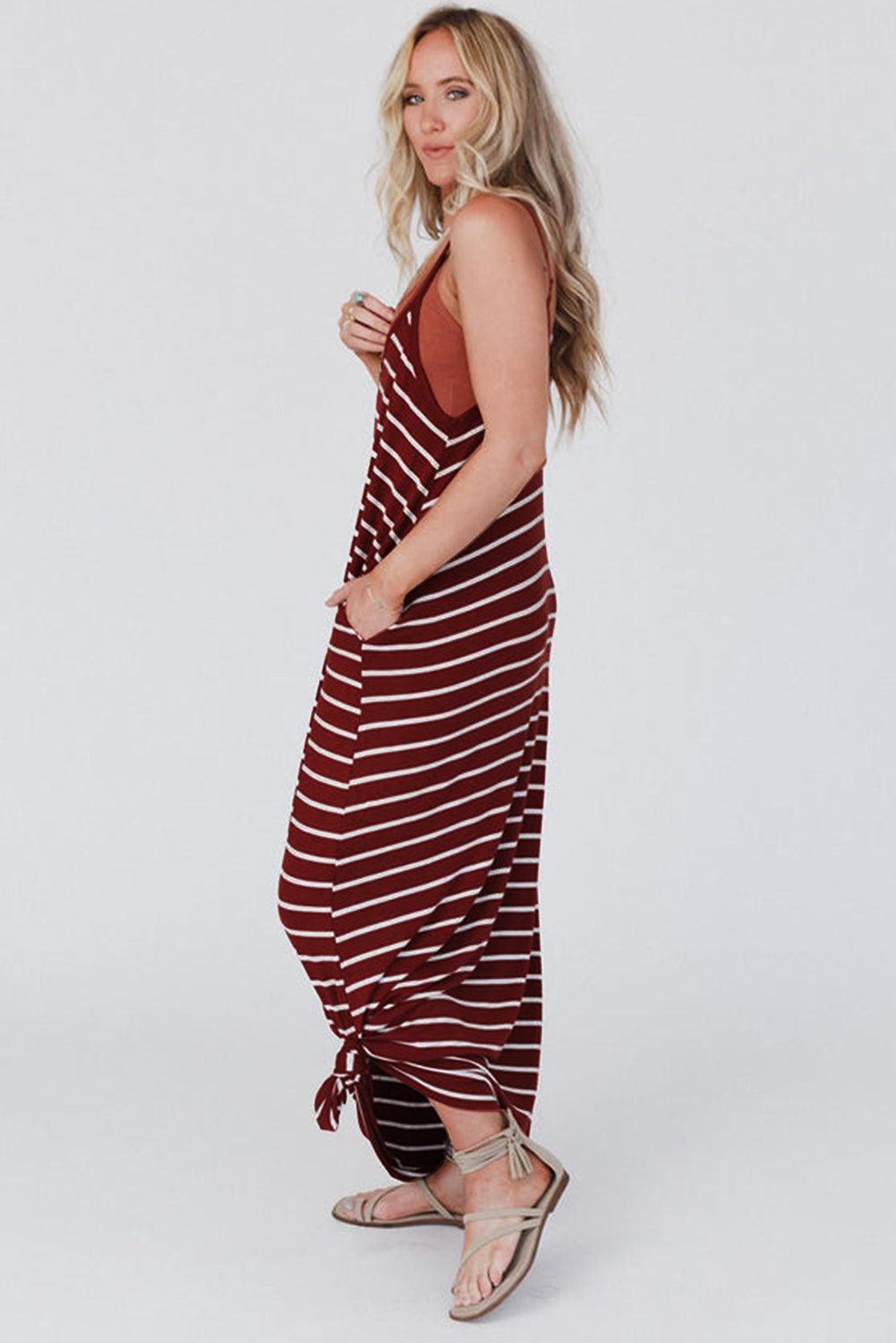 Red Stripe Side Pockets Spaghetti Straps Maxi Dress - L & M Kee, LLC