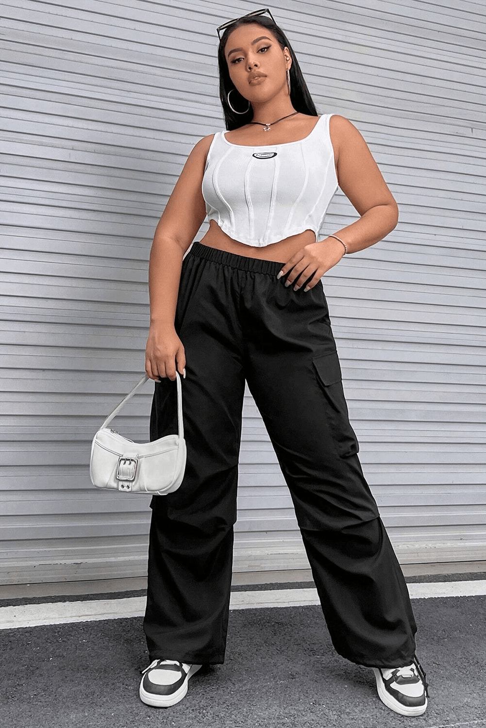 Black Plus Size Flap Pocket Elastic Waist Cargo Pants - L & M Kee, LLC