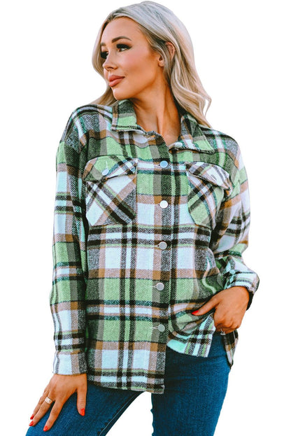 Geometric Plaid Print Pocketed Shacket - L & M Kee, LLC