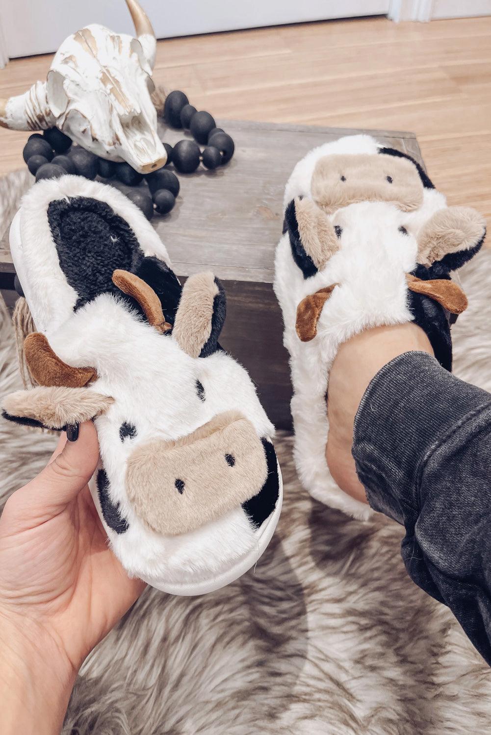 White Cartoon Animal Cow Plush Slippers - L & M Kee, LLC