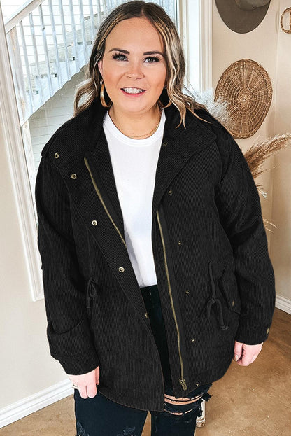 Black Plus Size Button Zipped Corduroy Jacket - L & M Kee, LLC