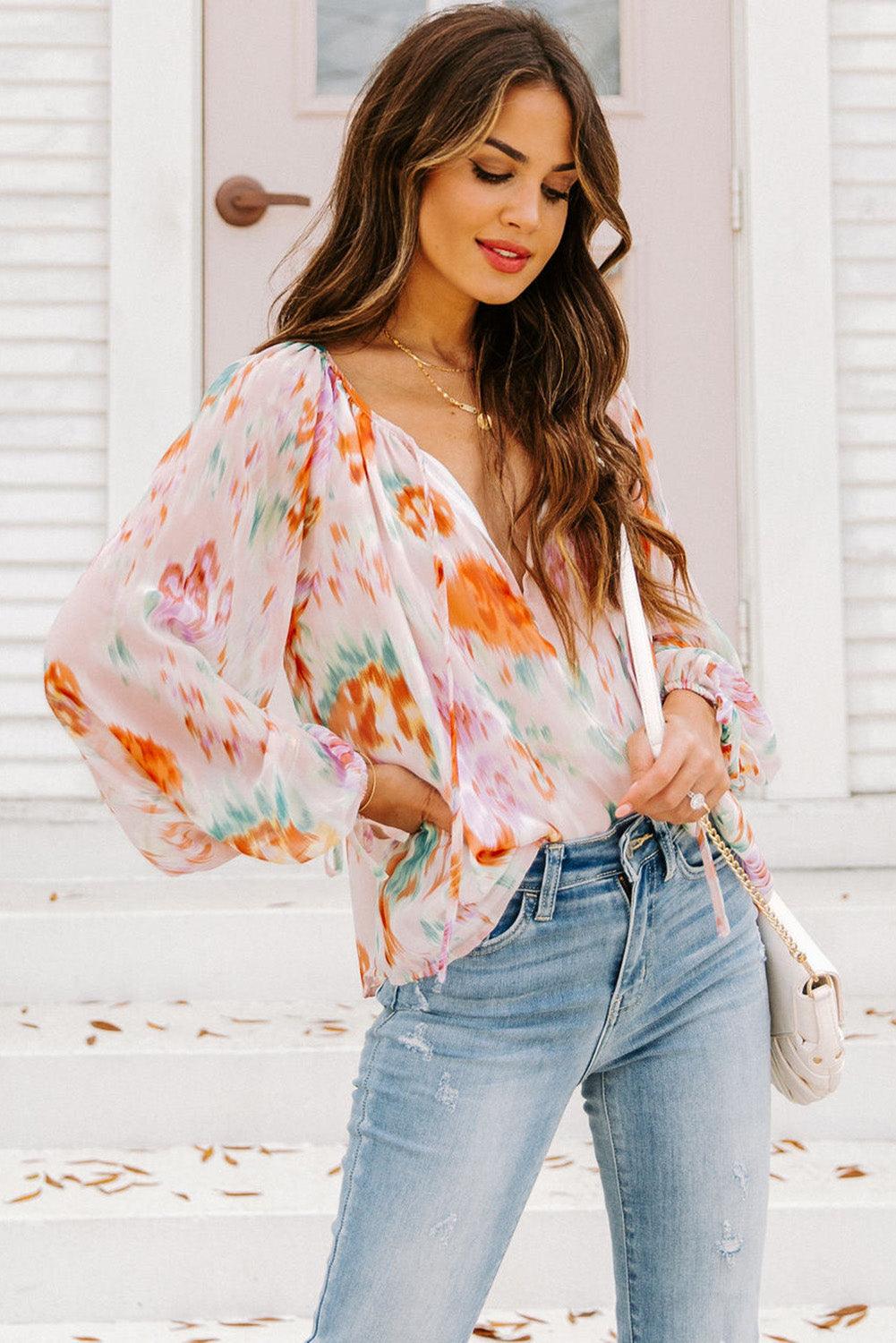 Multicolor Abstract Print Split Neck Puff Sleeve Blouse - L & M Kee, LLC