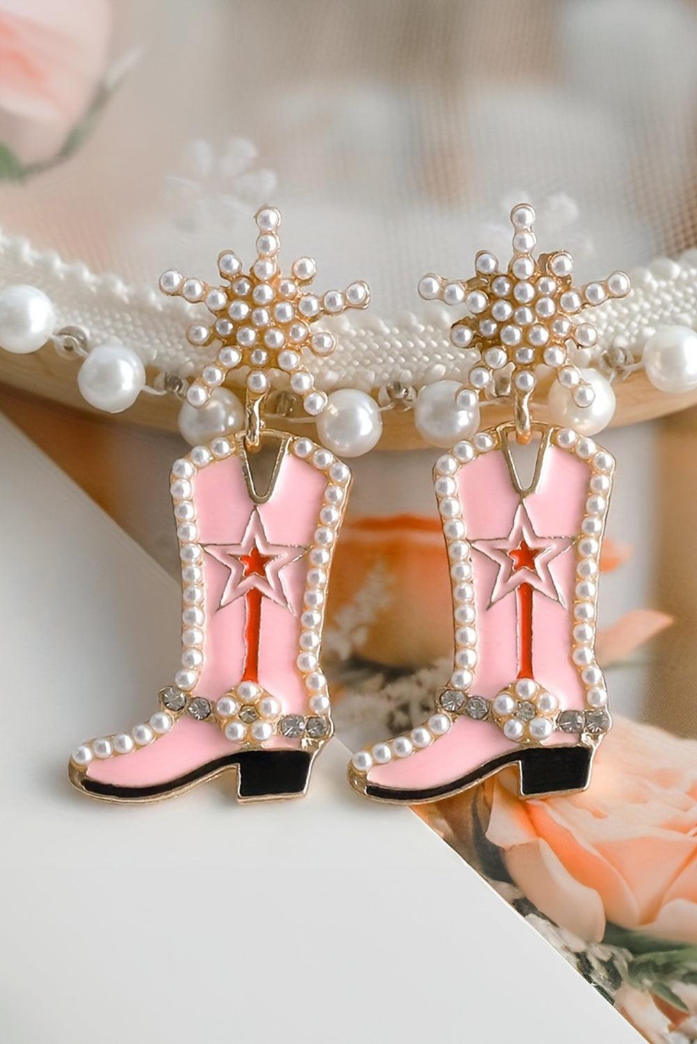 Strawberry Pink Pearl Decor Boots Shape Dangle Stud Earrings - L & M Kee, LLC