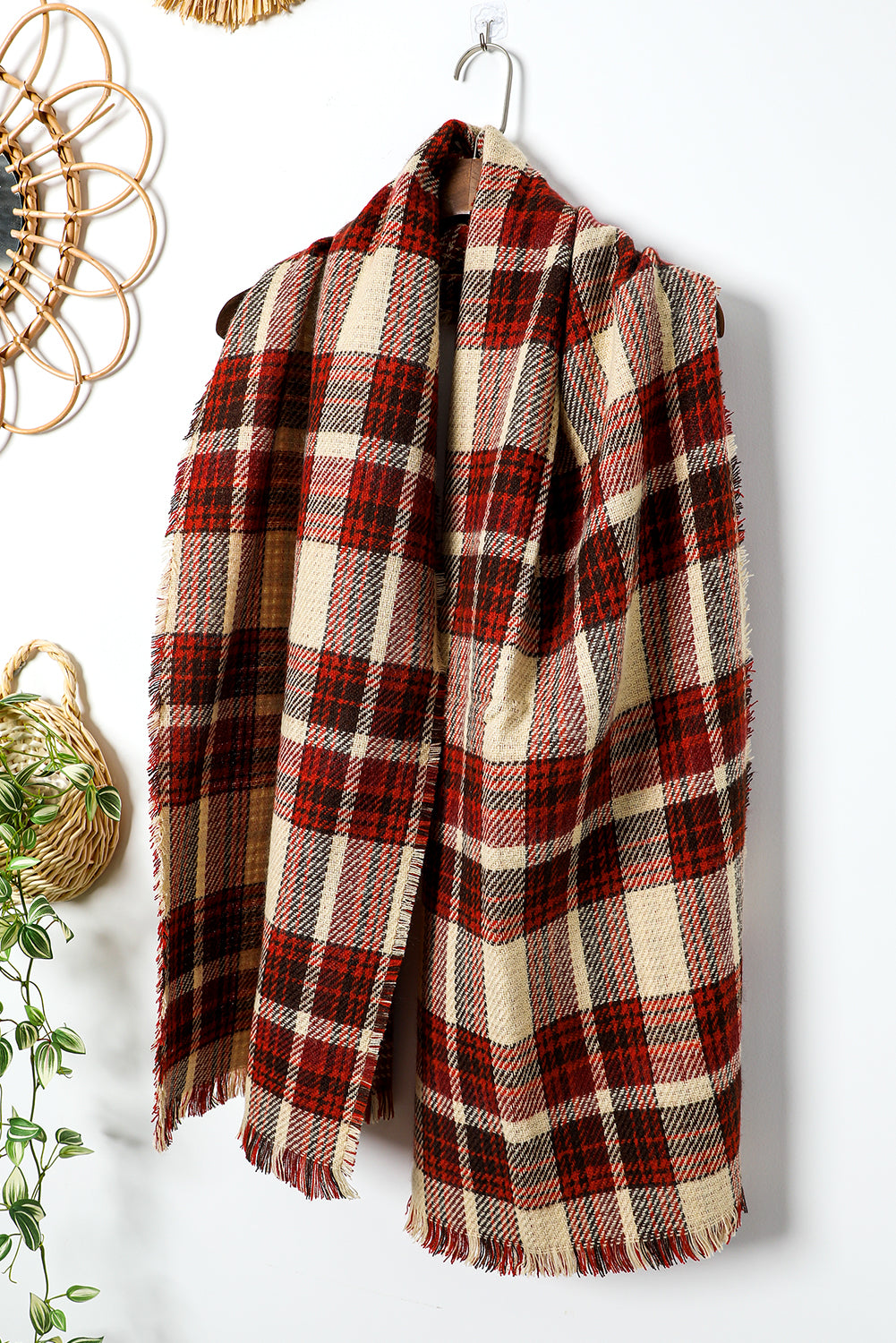 Red Clay Fringe Trim Reversible Plaid Houndstooth Pashmina Scarf