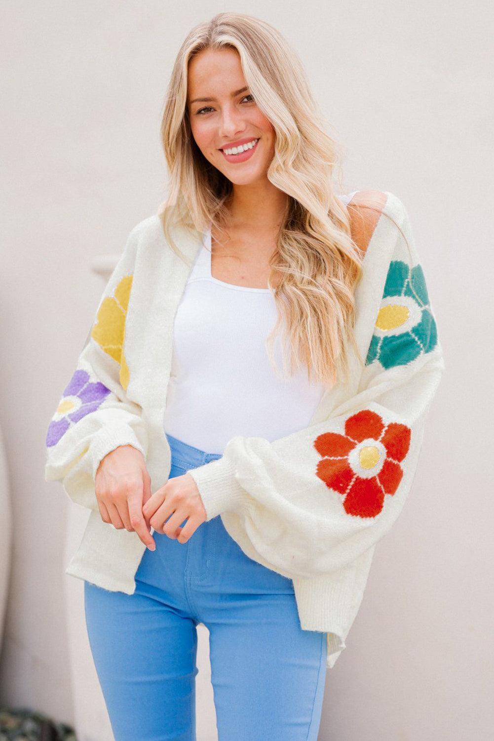 White Flower Jacquared Bubble Sleeve Open Cardigan - L & M Kee, LLC