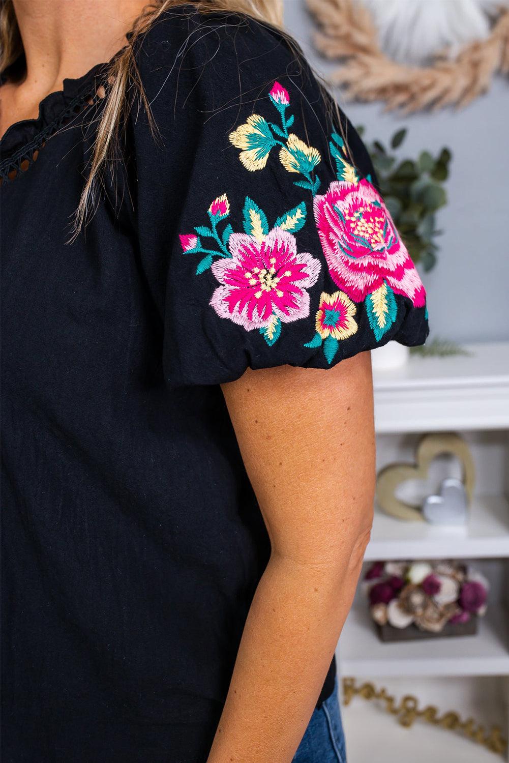 Floral Embroidered Bubble Sleeve Frill V Neck Top - L & M Kee, LLC