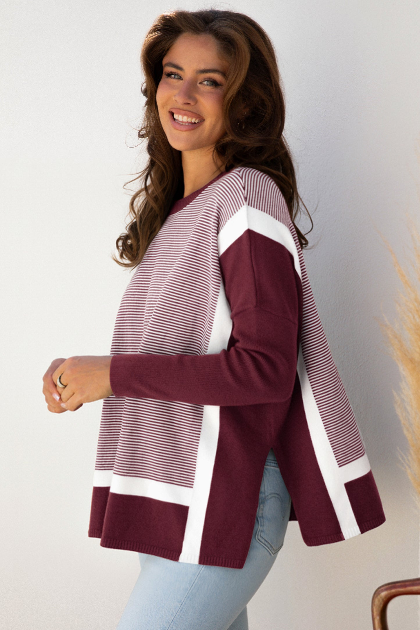 Red Stripe Color Block Patchwork Dolman Oversize Tunic Sweater