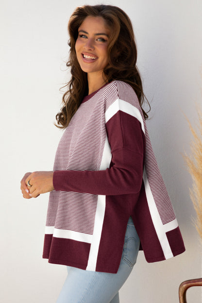 Red Stripe Color Block Patchwork Dolman Oversize Tunic Sweater