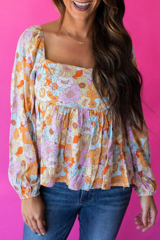 Multicolor Floral Square Neck Puff Sleeve Babydoll Blouse - L & M Kee, LLC