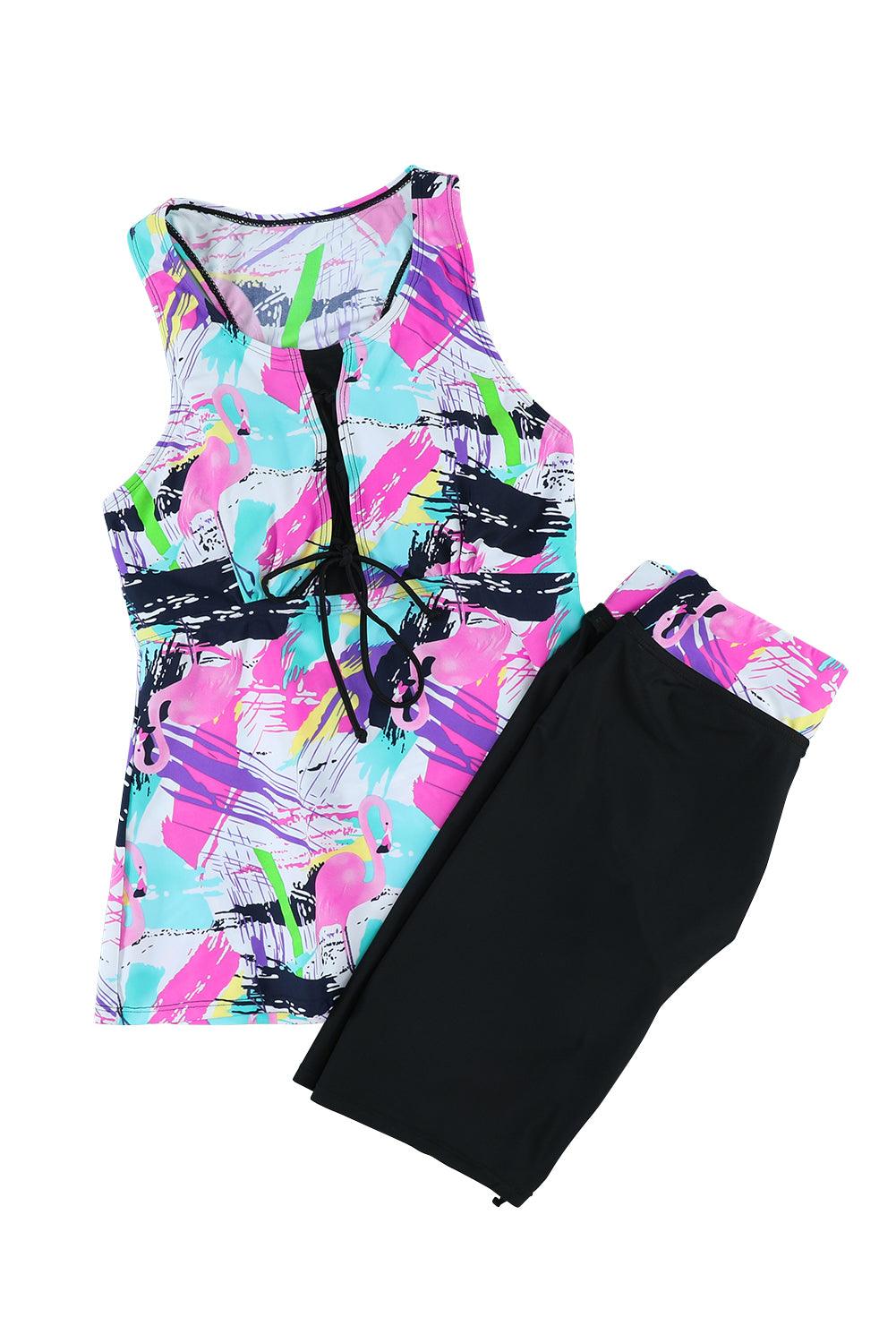 Stripe Floral Print Racerback Tankini Swimsuit - L & M Kee, LLC