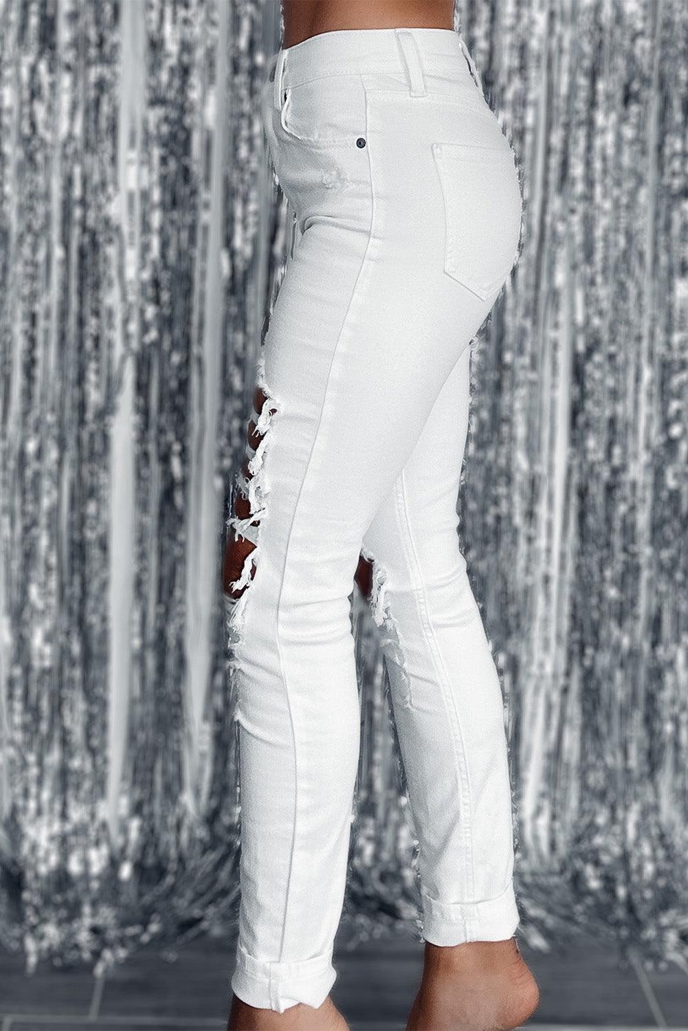 Distressed Ripped Holes High Waist Skinny Jeans - L & M Kee, LLC