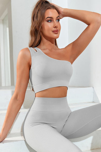 Single Split Shoulder Ribbed Cropped Sports Top - L & M Kee, LLC