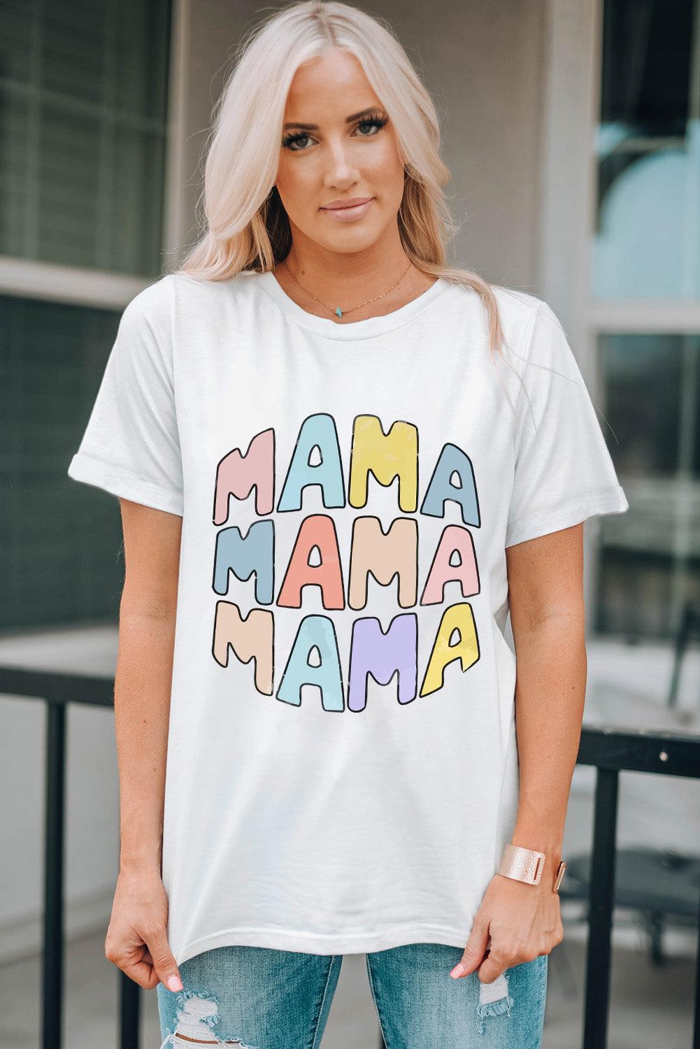 White MAMA Slogan Print Crew Neck Casual T Shirt - L & M Kee, LLC
