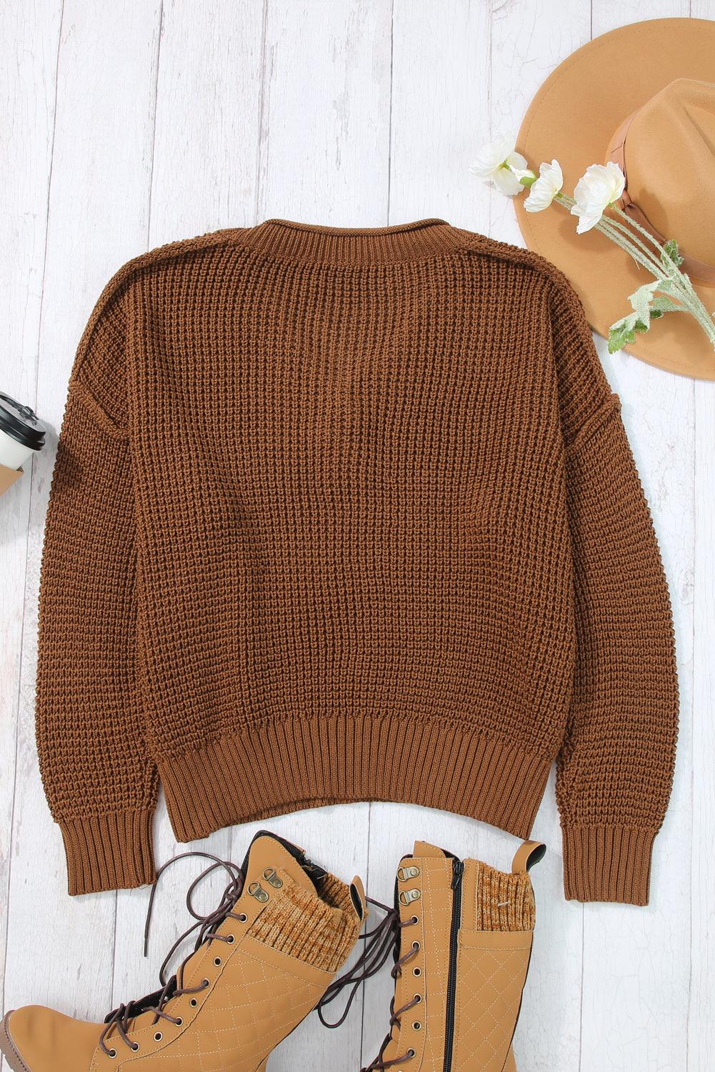 Coffee Pointelle Knit Button V Neck Drop Shoulder Sweater - L & M Kee, LLC