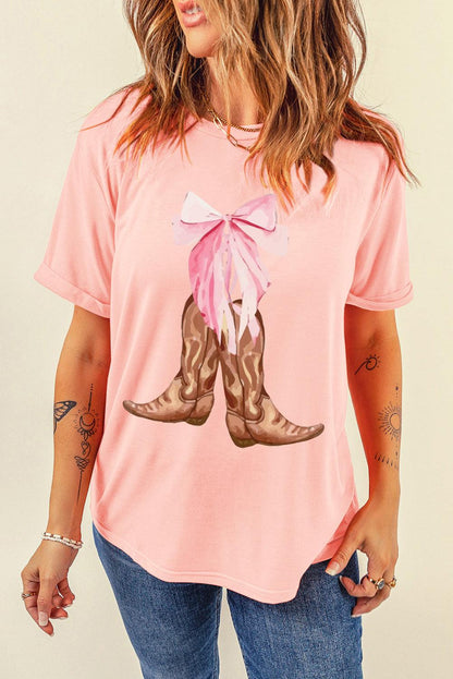 Pink Western Cowboy Boots Bow Tie Print Crewneck Tee - L & M Kee, LLC