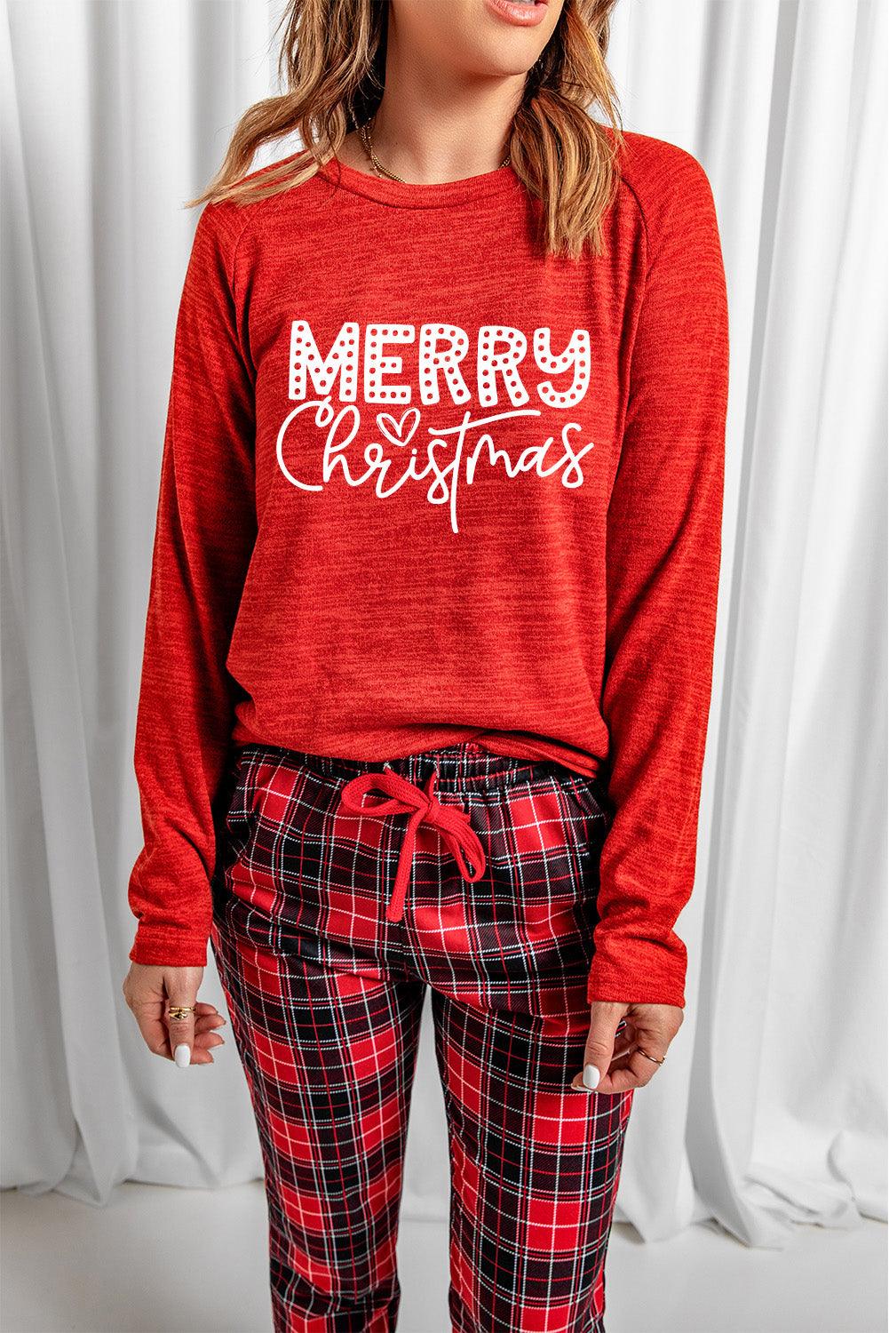 Red MERRY Christmas Graphic Top Plaid Pants Set - L & M Kee, LLC