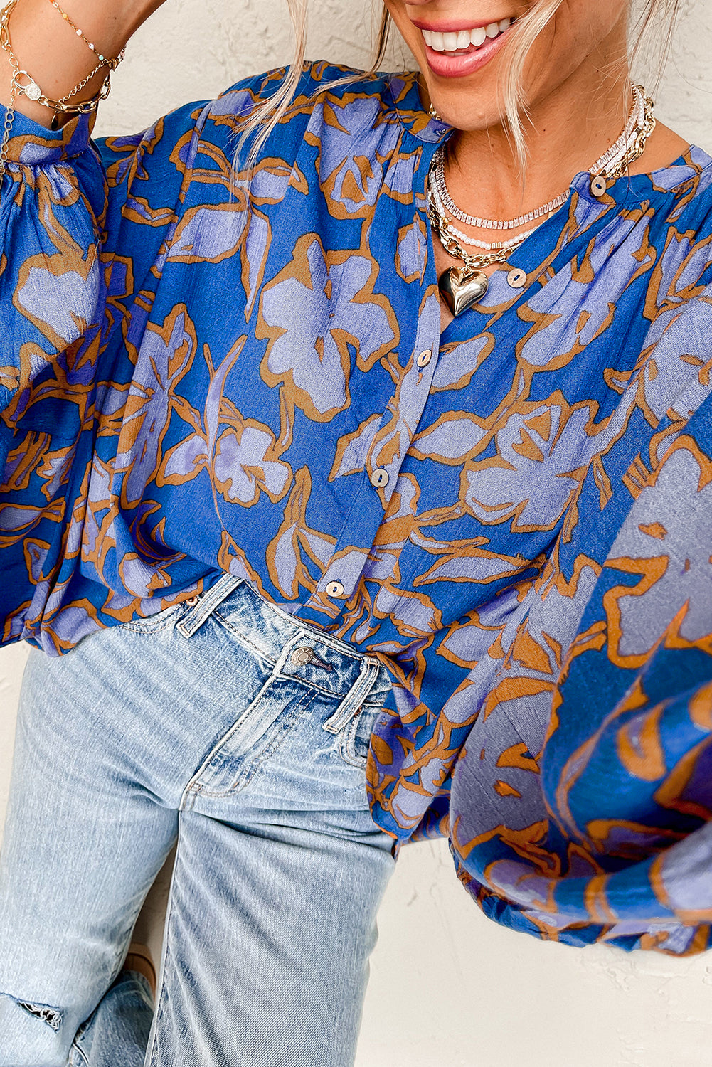 Blue Floral Print Batwing Sleeve Buttoned Loose Fit Shirt