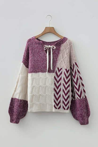 Purple Color Block Patchwork Knotted Back Loose Fit Sweater