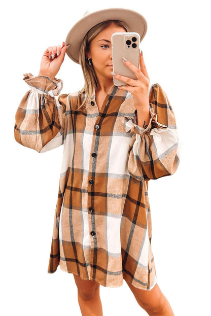 Khaki Plaid Pattern Collared Neck Ruffled Sleeve Shirt Dress - L & M Kee, LLC