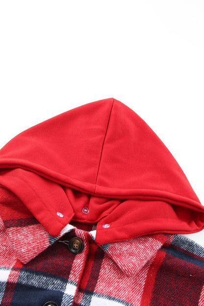 Red Hooded Plaid Button Front Shacket - L & M Kee, LLC