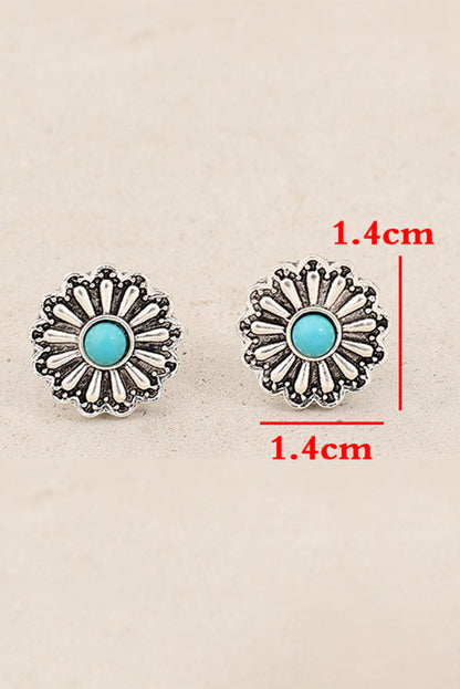 Silvery Western Turquoise Inlay Flower Stud Earrings