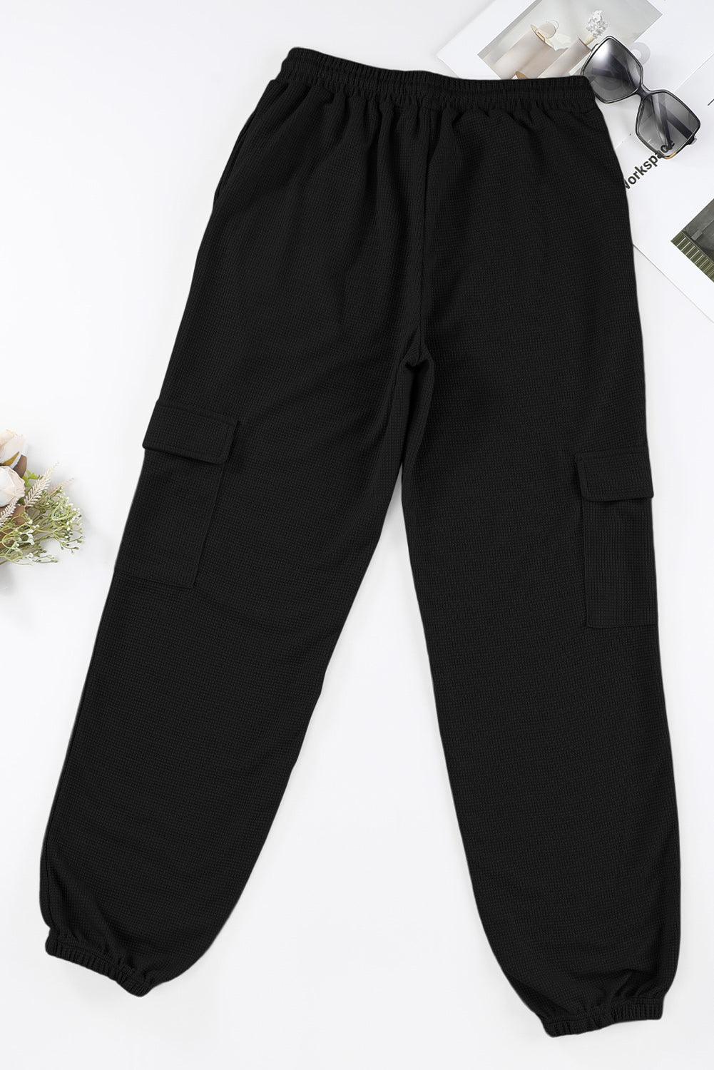 Black Waffle Texture Cargo Pocket Jogger Pants - L & M Kee, LLC