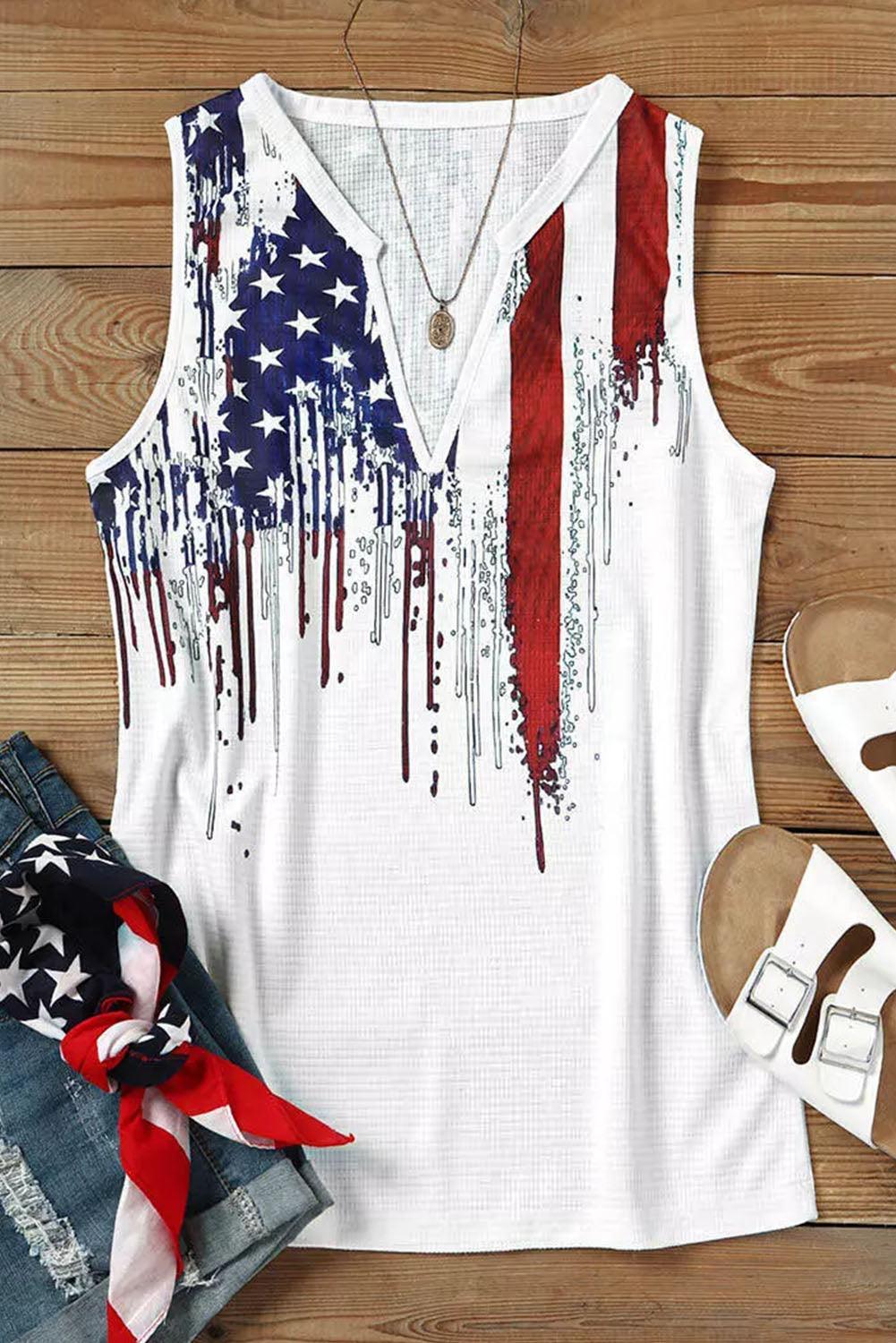 American Flag Designful Print Notch V Neck Tank Top - L & M Kee, LLC