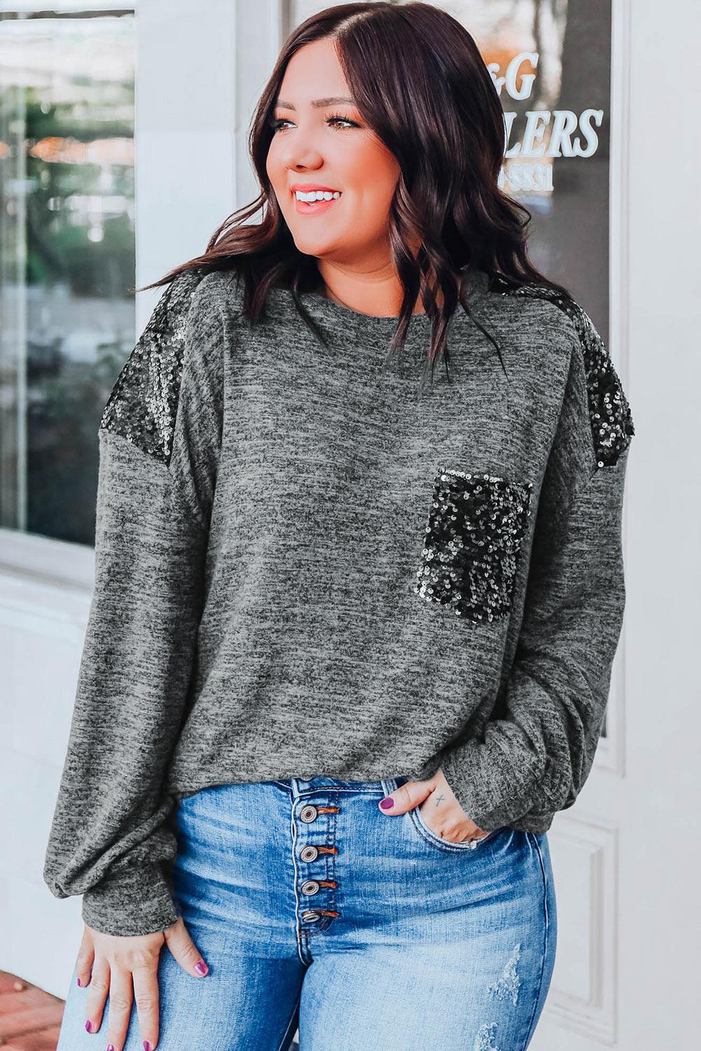 Gray Sequin Patchwork Long Sleeve Plus Size Top - L & M Kee, LLC