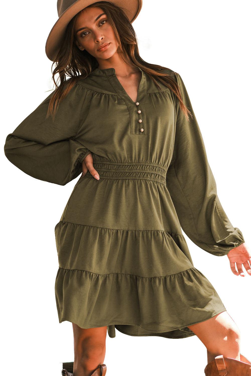 Green Split Neck Balloon Sleeve Tiered Ruffled Dress - L & M Kee, LLC