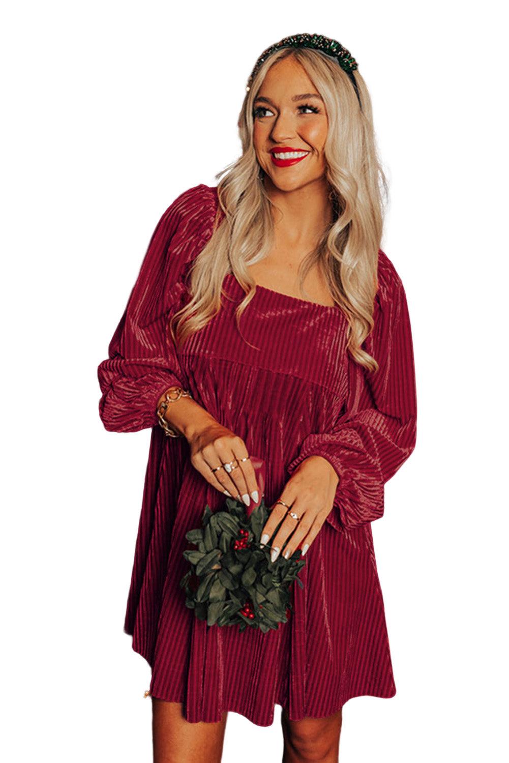 Brown Tie Back Square Neck Velvet Babydoll Dress - L & M Kee, LLC