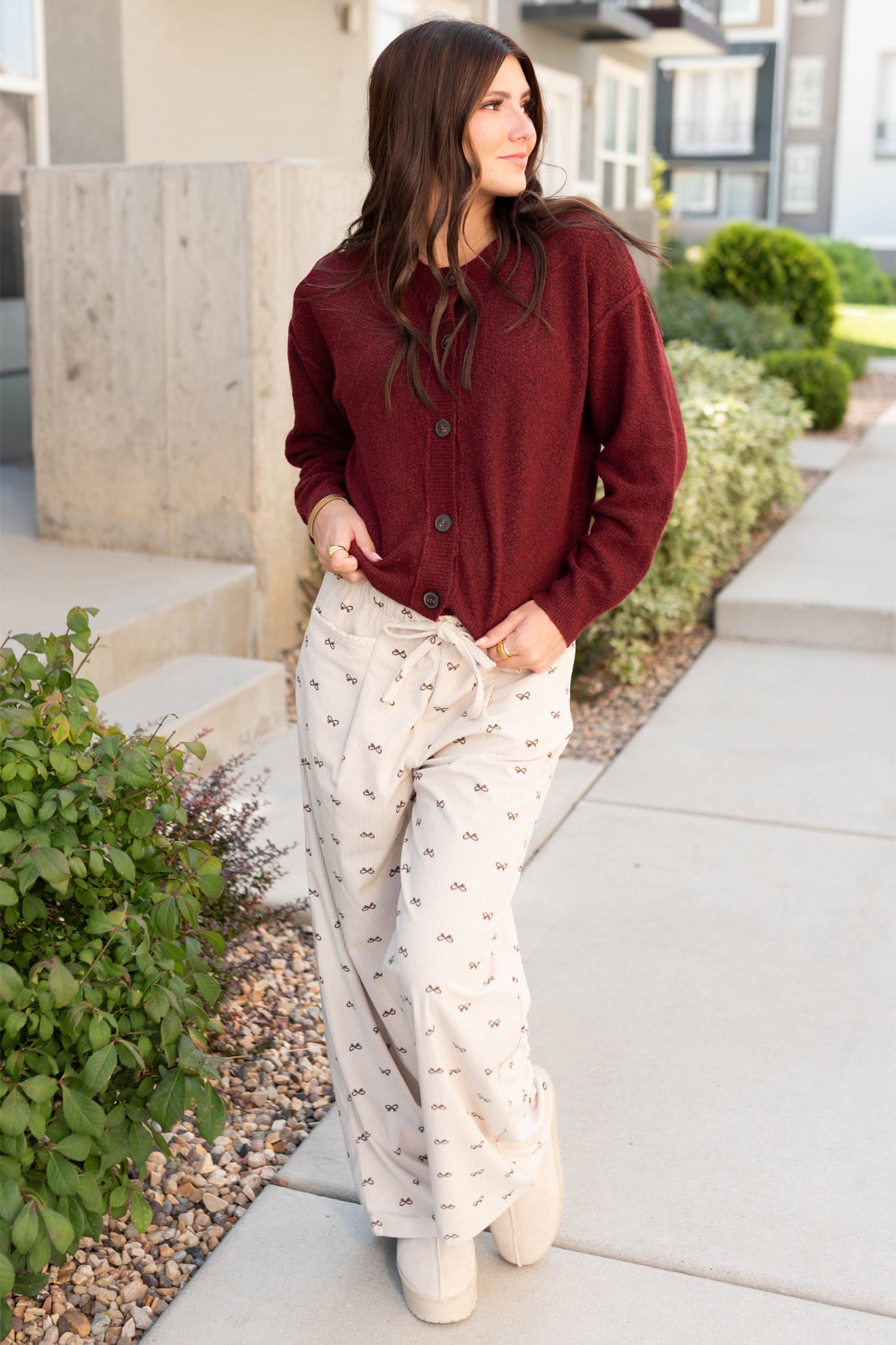 Apricot Bow Print Drawstring Elastic Waist Loose Corduroy Pants