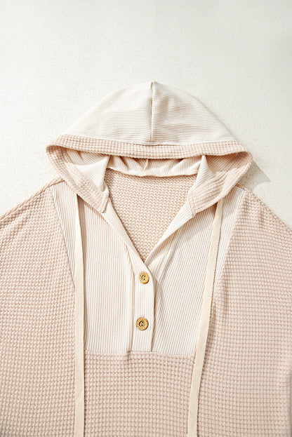 Oatmeal Waffle Patchwork Drop Shoulder Hooded Long Sleeve Top
