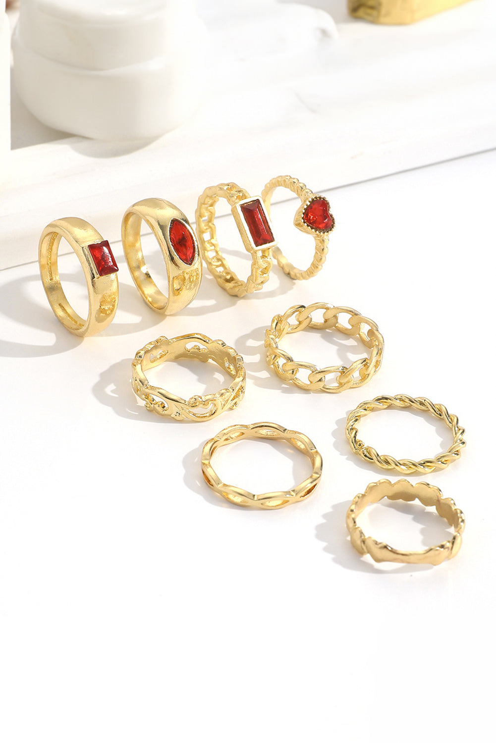 Fiery Red Faux Gem Inlay Heart Shape Alloy Ring Set