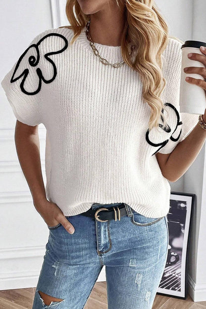 White Flower Embroidery Sweater Tee - L & M Kee, LLC