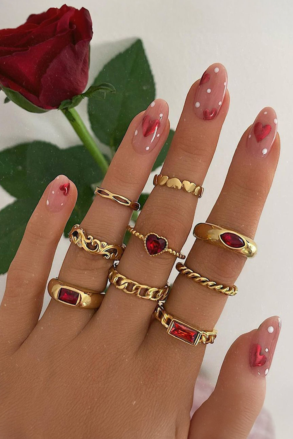 Fiery Red Faux Gem Inlay Heart Shape Alloy Ring Set