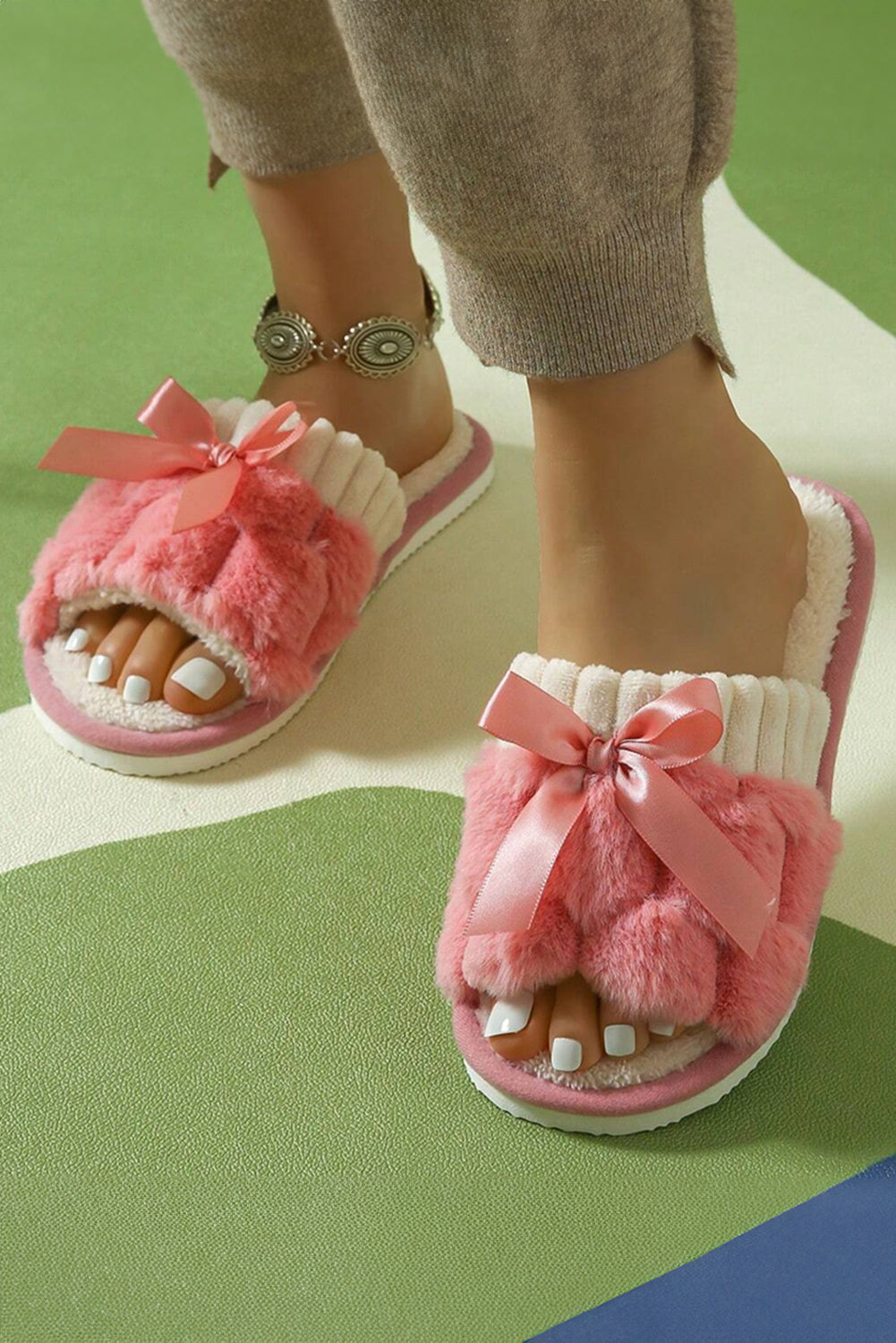 Peach Blossom Bow Knot Decor Open Toe Plush Slippers