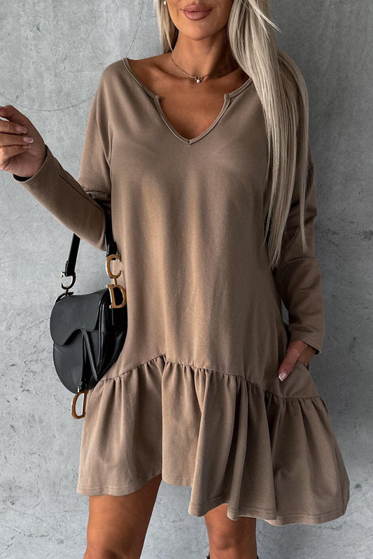 Chestnut Split Neck Long Sleeve Ruffled Loose Dress - L & M Kee, LLC