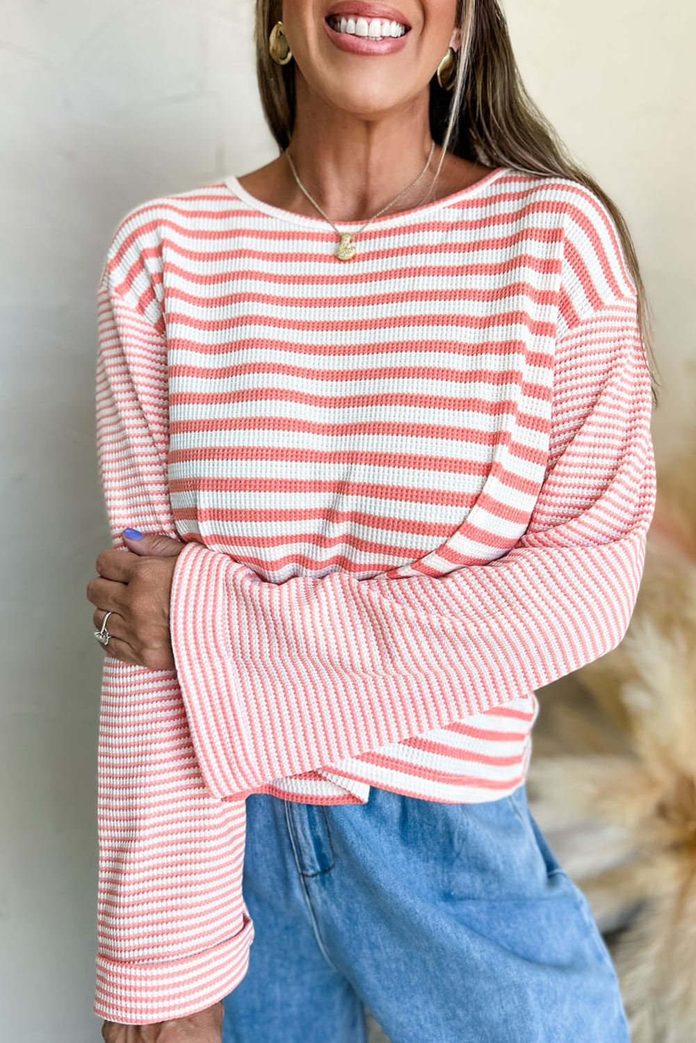 Pink Stripe Textured Contrast Dropped Long Sleeve Top