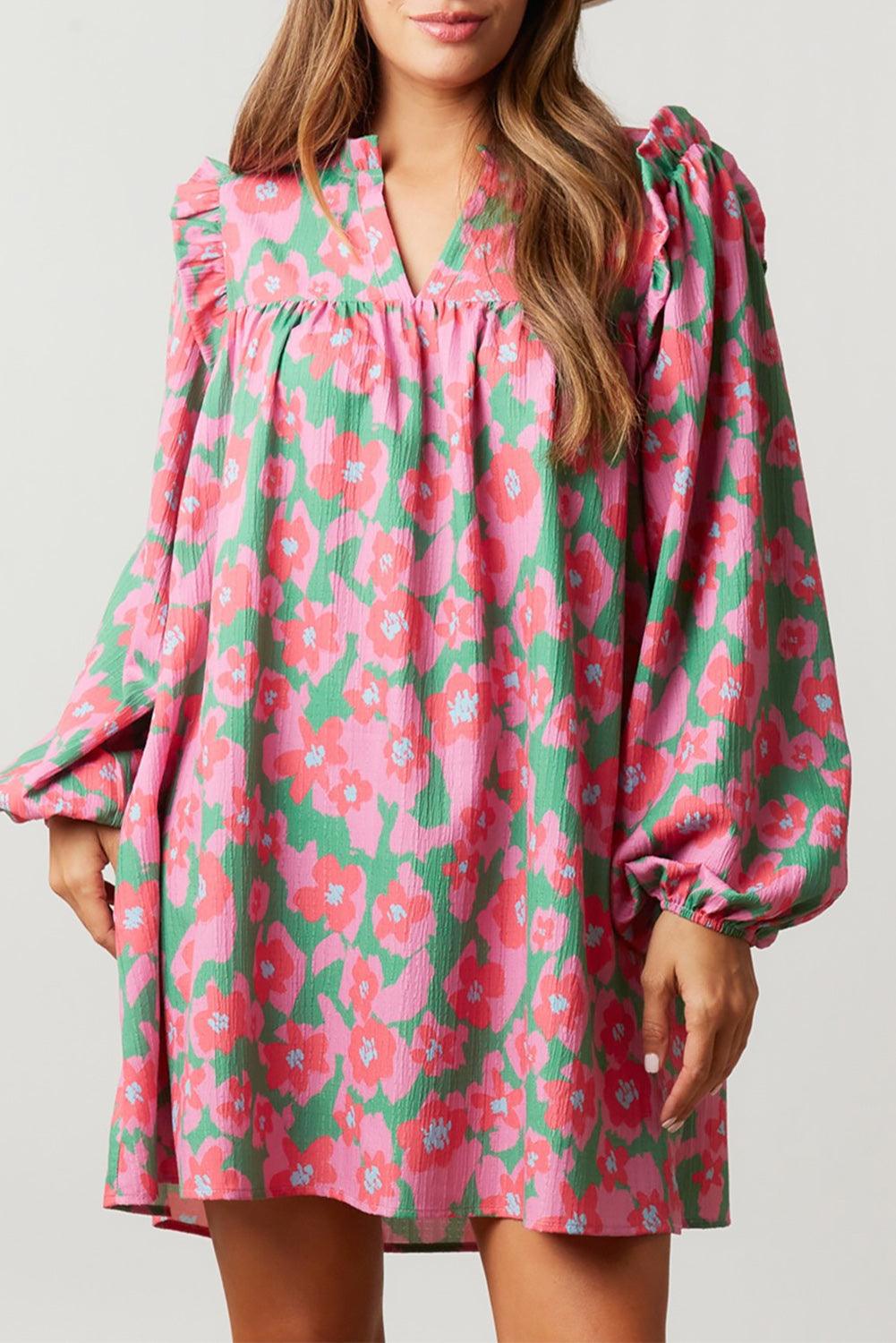 Pink Split V Neck Bubble Sleeve Loose Floral Dress - L & M Kee, LLC