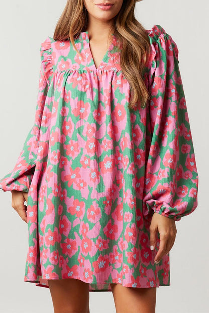 Pink Split V Neck Bubble Sleeve Loose Floral Dress - L & M Kee, LLC