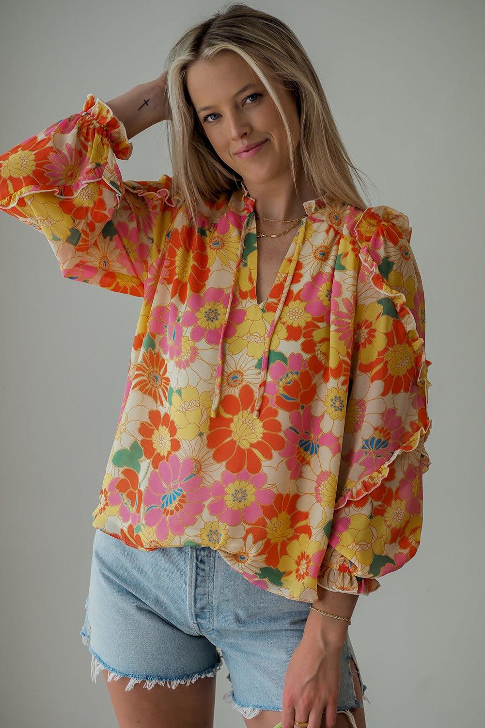 Multicolor Stand Collar Flutter Sleeves Floral Top - L & M Kee, LLC