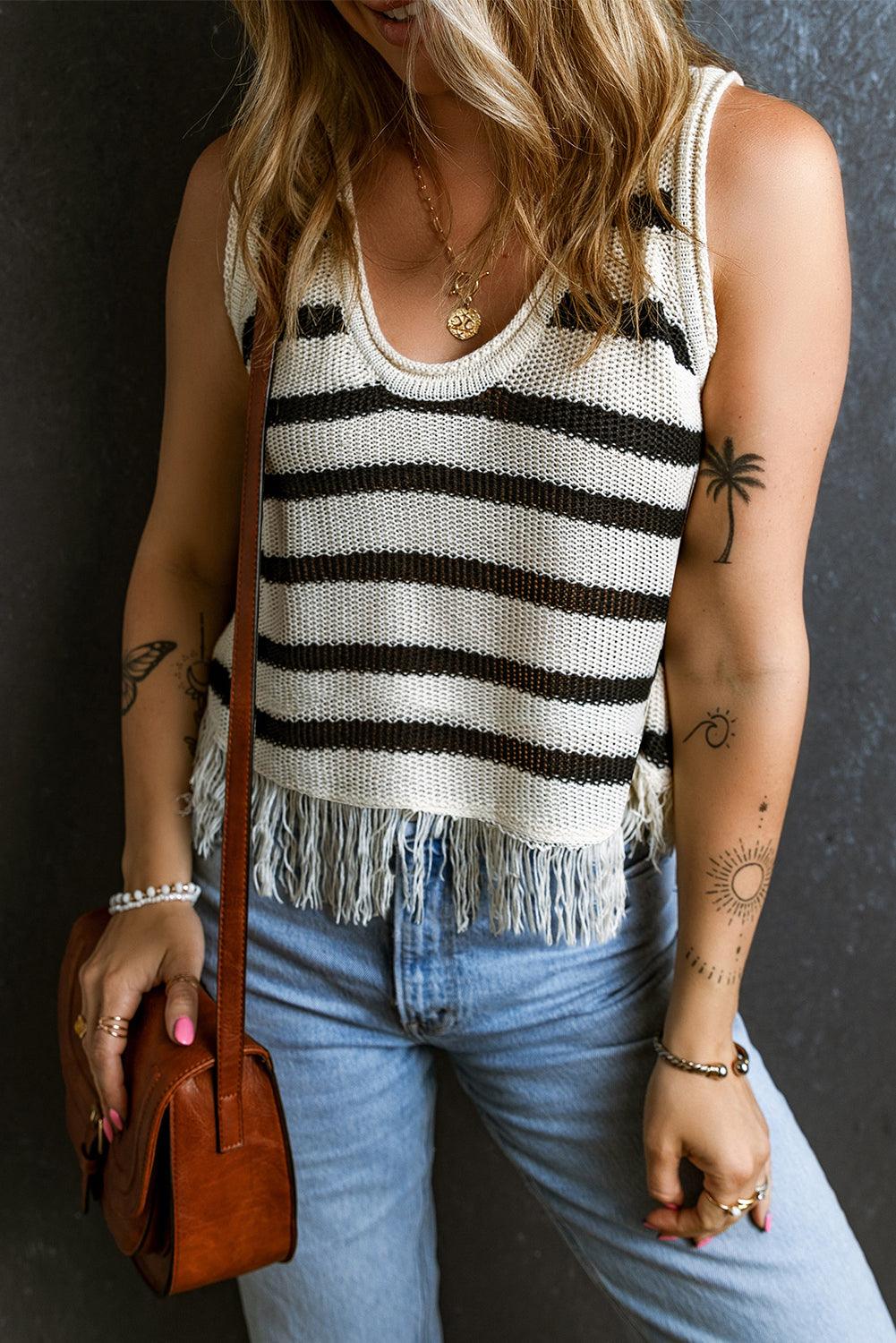 Beige Stripe Loose Knit Fringe Tank Top - L & M Kee, LLC