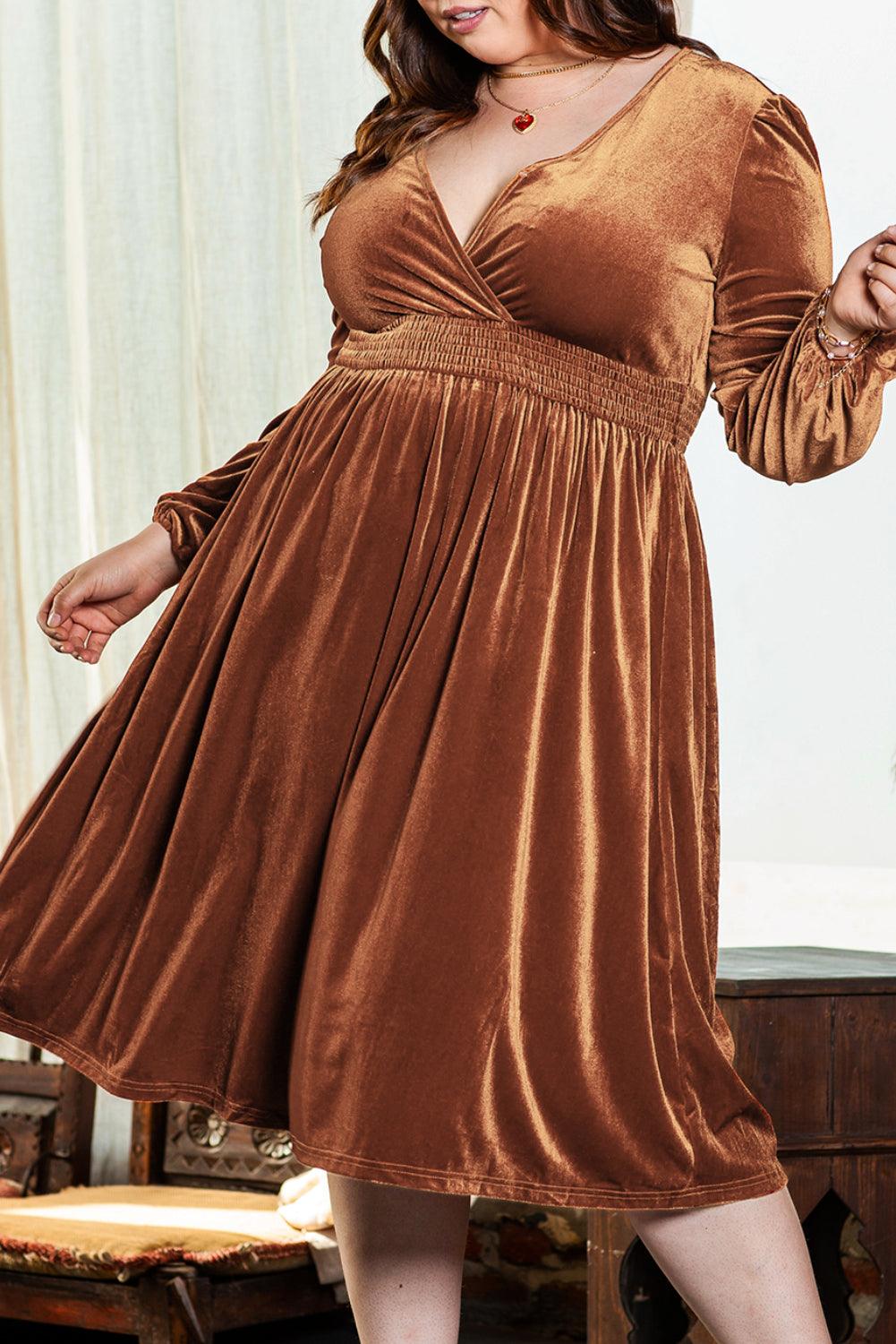 Camel Surplice V Neck Balloon Sleeve Velvet Dress - L & M Kee, LLC