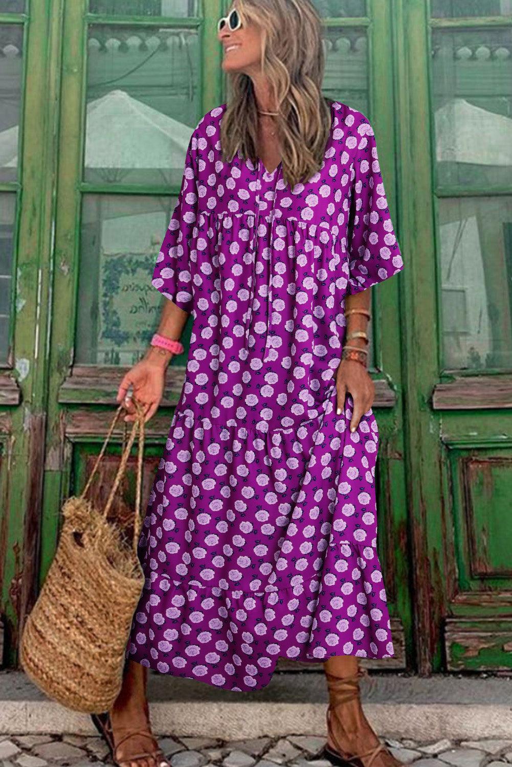 Purple Boho Printed Puff Sleeve Maxi Dress - L & M Kee, LLC