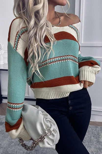 Sky Blue Striped Pattern Knit V Neck Sweater - L & M Kee, LLC