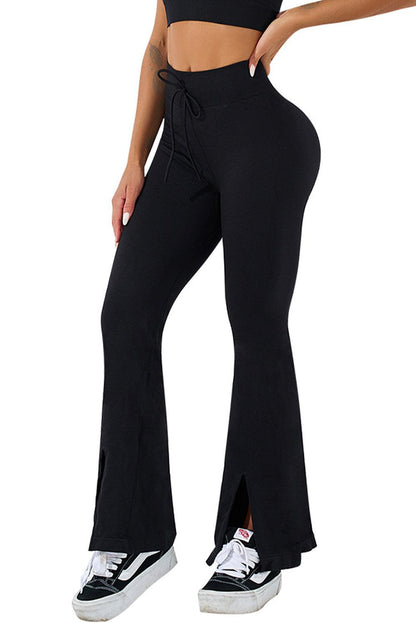 Black Drawstring High Waist Split Yoga Flared Leggings - L & M Kee, LLC