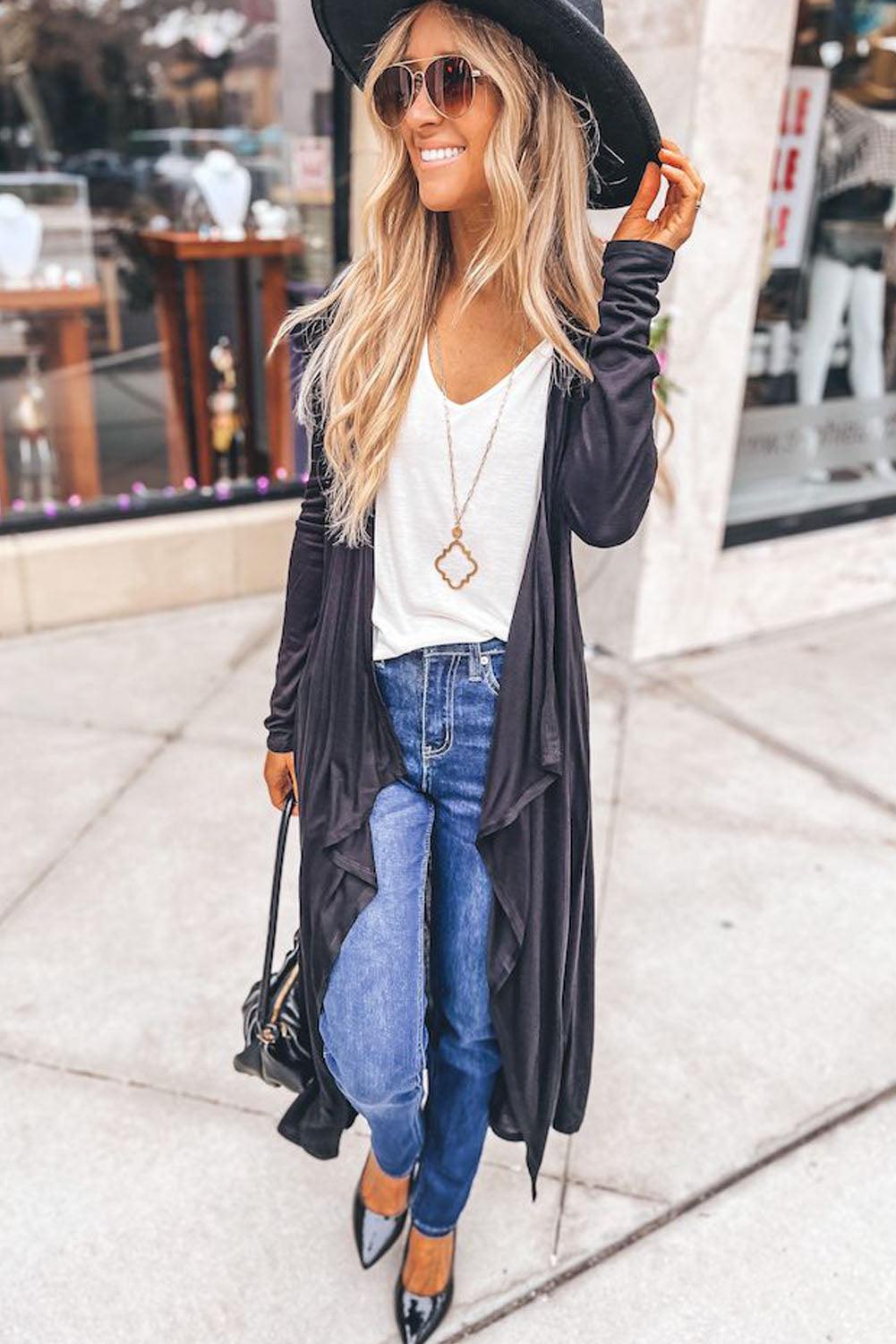 Black Draped Open Front Long Cardigan - L & M Kee, LLC