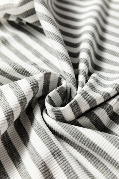 Gray Stripe Ribbed High Neck Slim Fit Long Sleeve Top